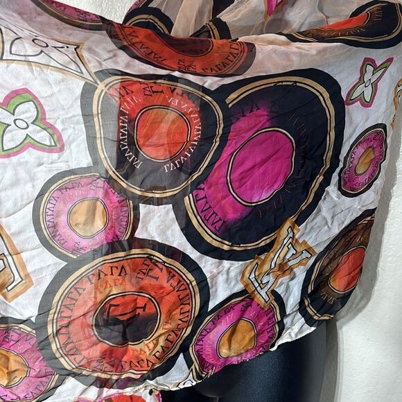 Louis Vuitton 100% silk scarf sheer cream colorful design vintage - Picture 3 of 10